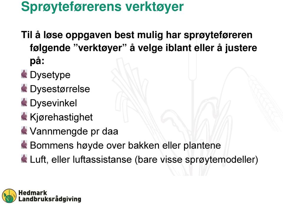 Dysetype Dysestørrelse Dysevinkel Kjørehastighet Vannmengde pr daa