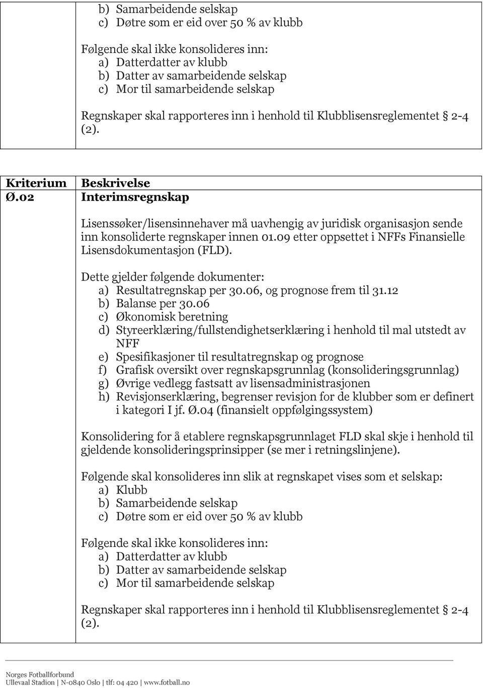 02 Interimsregnskap Lisenssøker/lisensinnehaver må uavhengig av juridisk organisasjon sende inn konsoliderte regnskaper innen 01.09 etter oppsettet i NFFs Finansielle Lisensdokumentasjon (FLD).