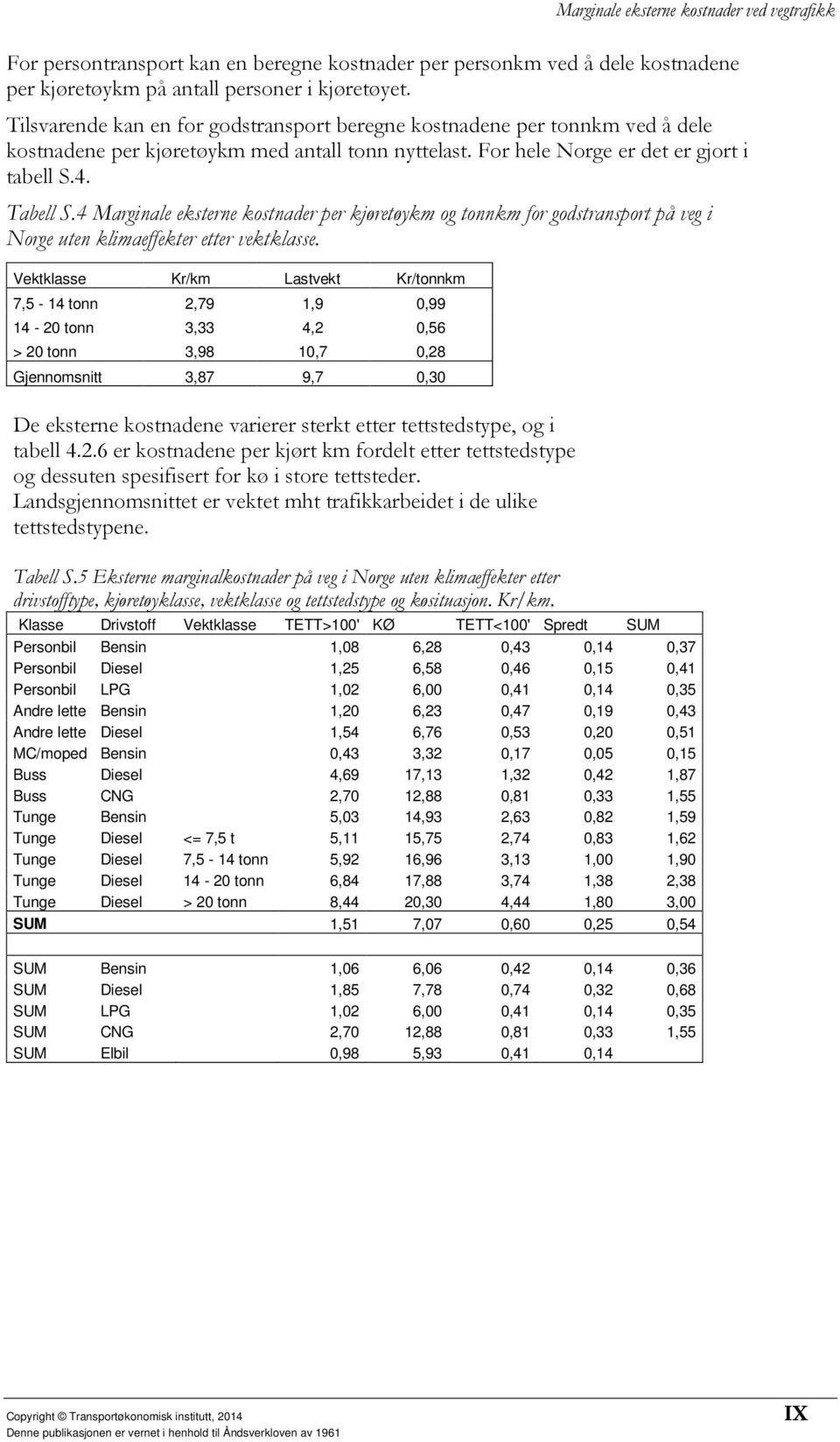 4 Marginale eksterne kostnader per kjøretøykm og tonnkm for godstransport på veg i Norge uten klimaeffekter etter vektklasse.