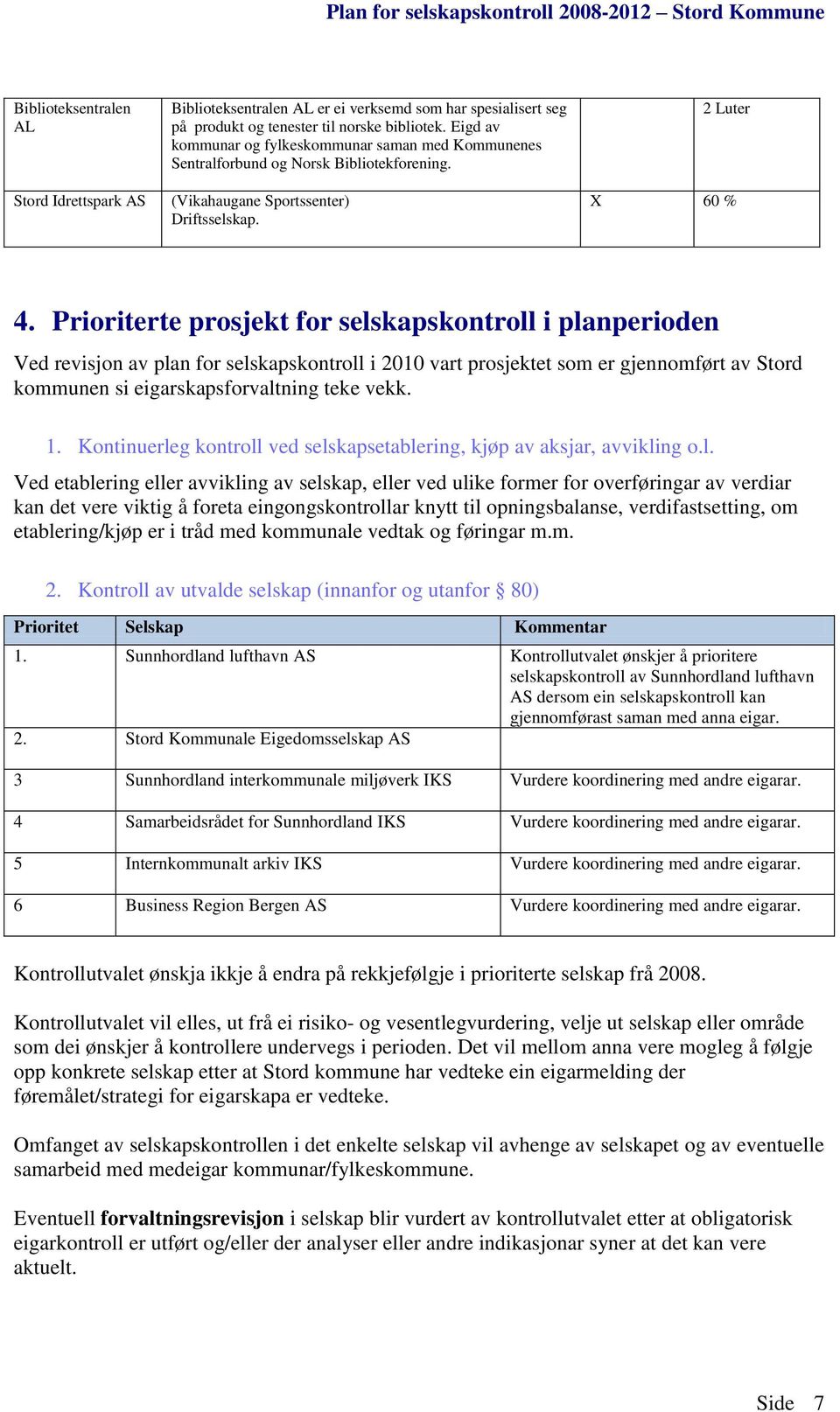 Prioriterte prosjekt for selskapskontroll i planperioden Ved revisjon av plan for selskapskontroll i 2010 vart prosjektet som er gjennomført av Stord kommunen si eigarskapsforvaltning teke vekk. 1.