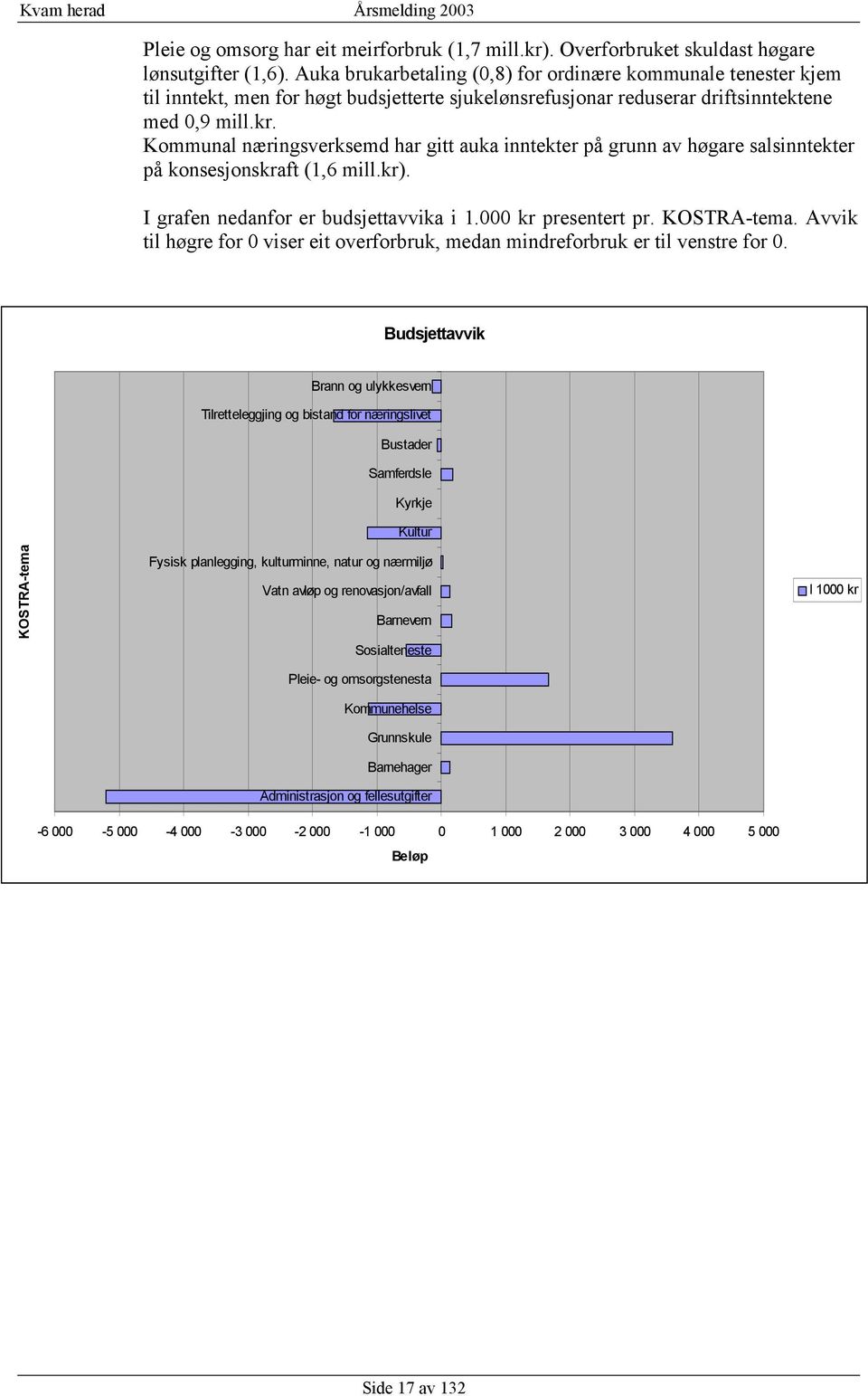 Kommunal næringsverksemd har gitt auka inntekter på grunn av høgare salsinntekter på konsesjonskraft (1,6 mill.kr). I grafen nedanfor er budsjettavvika i 1.000 kr presentert pr. KOSTRA-tema.