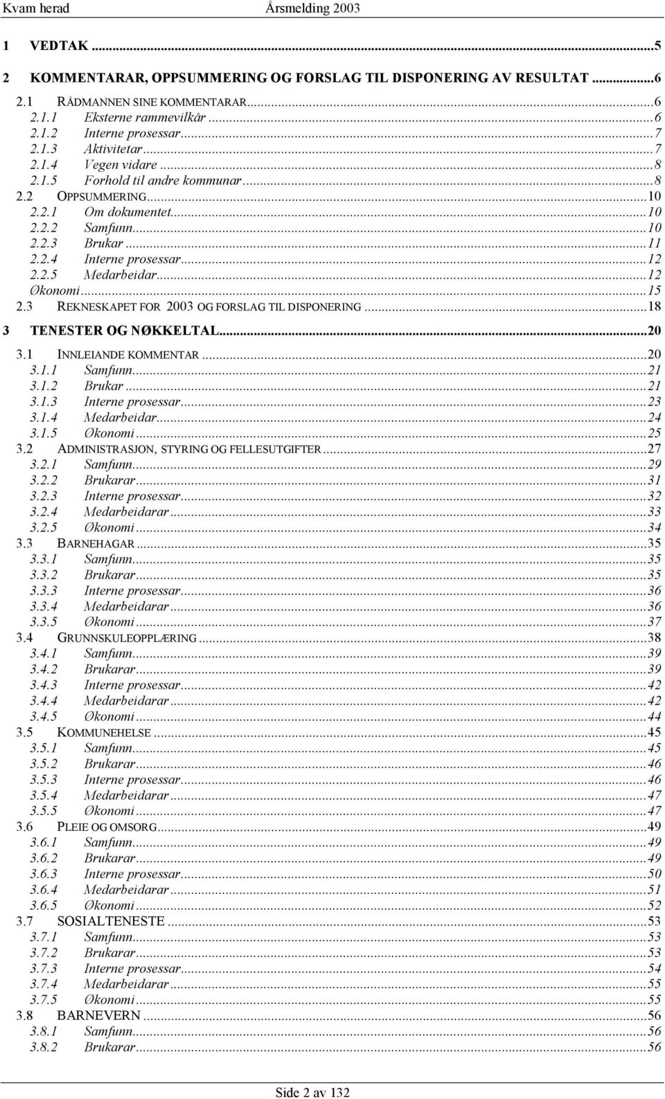 3 REKNESKAPET FOR 2003 OG FORSLAG TIL DISPONERING...18 3 TENESTER OG NØKKELTAL...20 3.1 INNLEIANDE KOMMENTAR...20 3.1.1 Samfunn...21 3.1.2 Brukar...21 3.1.3 Interne prosessar...23 3.1.4 Medarbeidar.