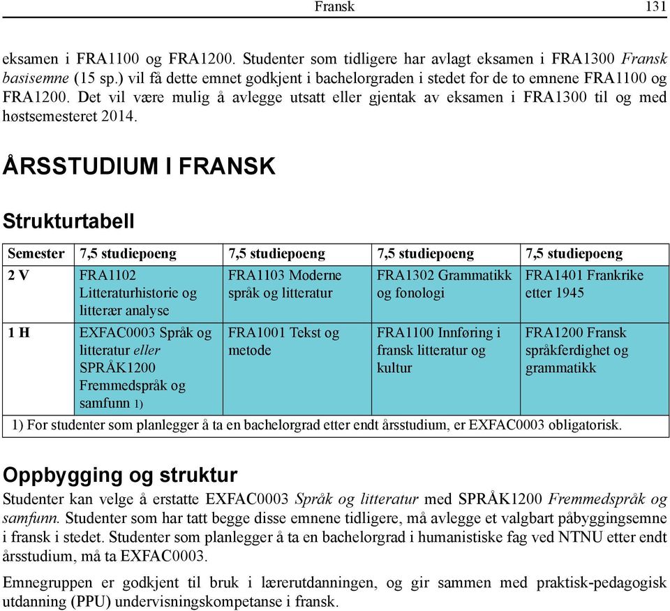 ÅRSSTUDIUM I FRANSK Strukturtabell Semester 7,5 studiepoeng 7,5 studiepoeng 7,5 studiepoeng 7,5 studiepoeng 2 V FRA1102 Litteraturhistorie og litterær analyse 1 H EXFAC0003 Språk og litteratur eller