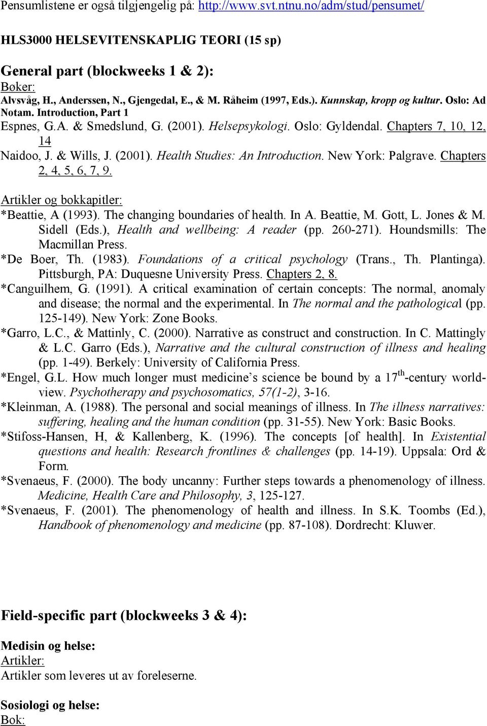 Chapters 7, 10, 12, 14 Naidoo, J. & Wills, J. (2001). Health Studies: An Introduction. New York: Palgrave. Chapters 2, 4, 5, 6, 7, 9. Artikler og bokkapitler: *Beattie, A (1993).