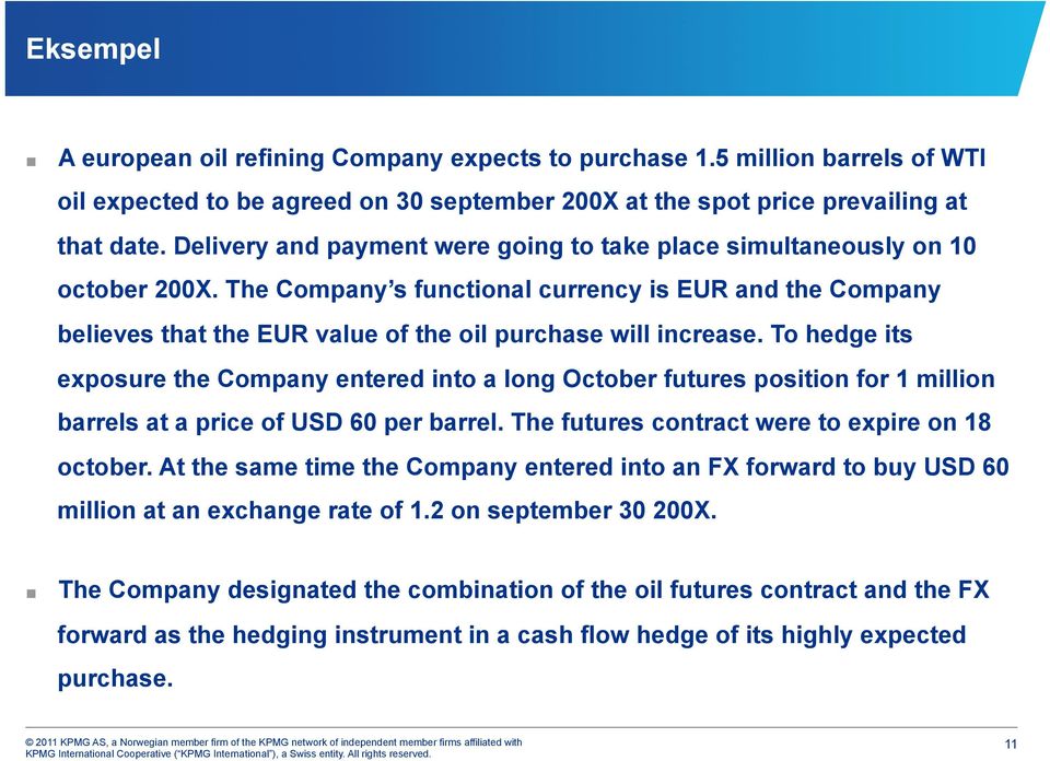 To hedge its exposure the Company entered into a long October futures position for 1 million barrels at a price of USD 60 per barrel. The futures contract were to expire on 18 october.