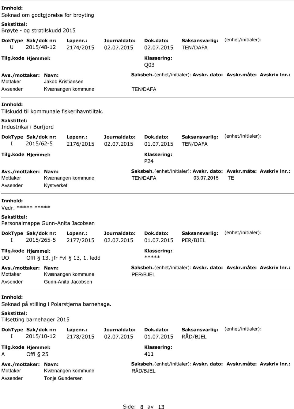 : Mottaker TE Kystverket Vedr. ***** ***** Personalmappe Gunn-nita Jacobsen 2015/265-5 2177/2015 PER/BJEL O ***** vs./mottaker: Navn: Saksbeh. vskr. dato: vskr.måte: vskriv lnr.