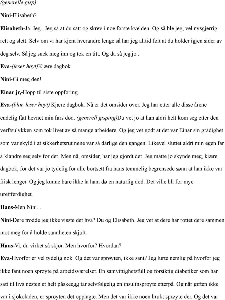 Einar jr,-hopp til siste oppføring. Eva-(blar, leser høyt) Kjære dagbok. Nå er det omsider over. Jeg har etter alle disse årene endelig fått hevnet min fars død.