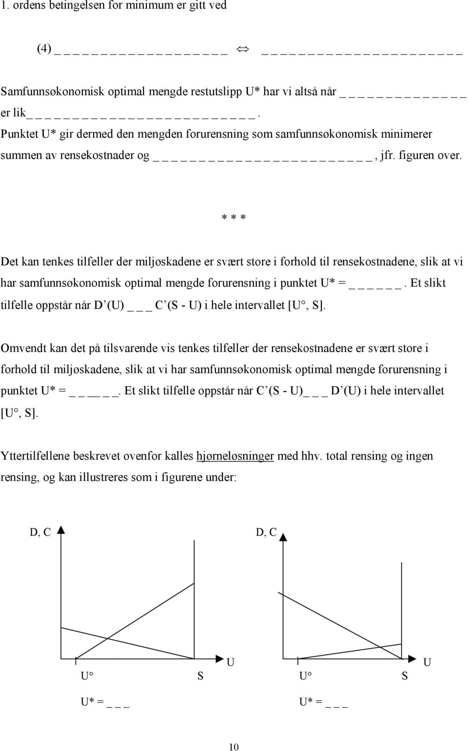 * * * Det kan tenkes tilfeller der miljøskadene er svært store i forhold til rensekostnadene, slik at vi har samfunnsøkonomisk optimal mengde forurensning i punktet U* =.