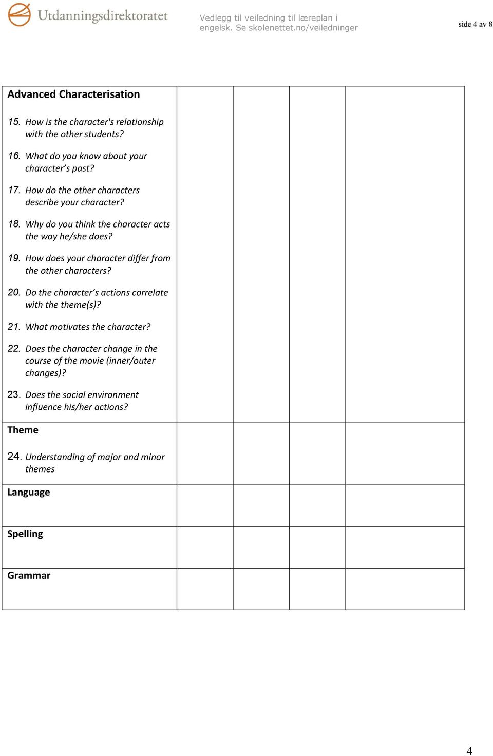 How does your character differ from the other characters? 20. Do the character s actions correlate with the theme(s)? 21. What motivates the character? 22.