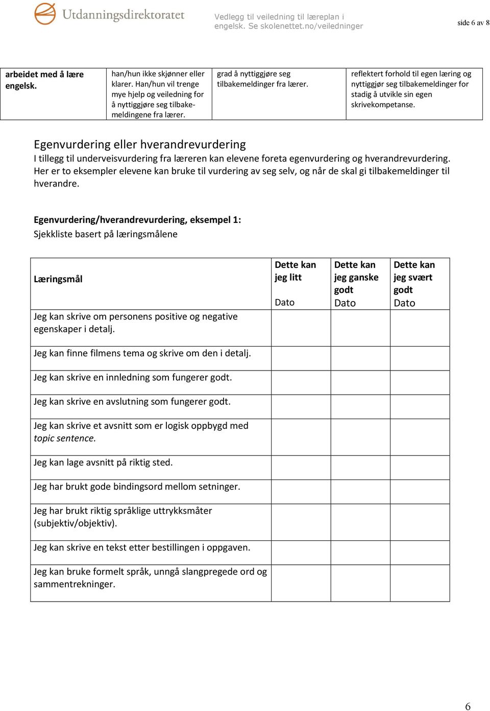 Egenvurdering eller hverandrevurdering I tillegg til underveisvurdering fra læreren kan elevene foreta egenvurdering og hverandrevurdering.