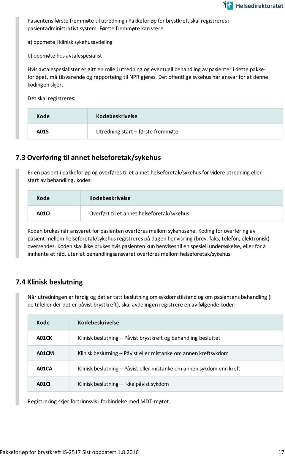 pakkeforløpet, må tilsvarende og rapporteing til NPR gjøres. Det offentlige sykehus har ansvar for at denne kodingen skjer. Det skal registreres: A01S beskrivelse Utredning start første fremmøte 7.