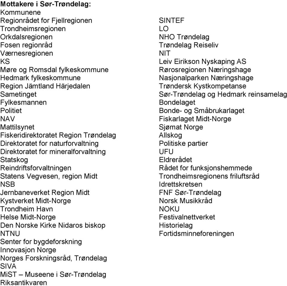 Reindriftsforvaltningen Statens Vegvesen, region Midt NSB Jernbaneverket Region Midt Kystverket Midt-Norge Trondheim Havn Helse Midt-Norge Den Norske Kirke Nidaros biskop NTNU Senter for