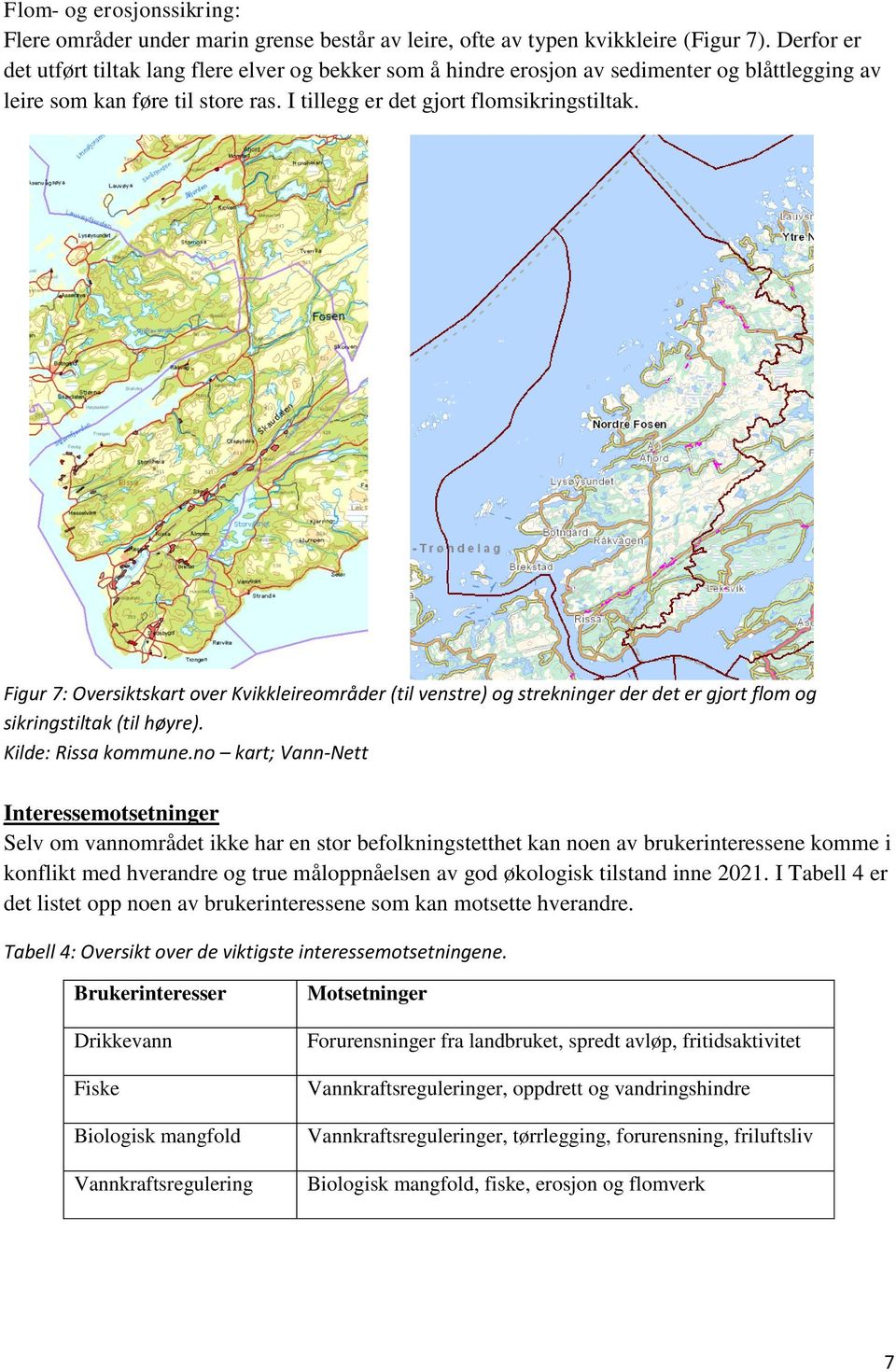 Figur 7: Oversiktskart over Kvikkleireområder (til venstre) og strekninger der det er gjort flom og sikringstiltak (til høyre). Kilde: Rissa kommune.
