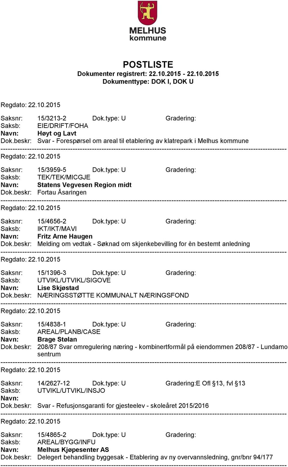 beskr: Melding om vedtak - Søknad om skjenkebevilling for èn bestemt anledning Saksnr: 15/1396-3 Dok.type: U Gradering: Saksb: UTVIKL/UTVIKL/SIGOVE Navn: Lise Skjøstad Dok.