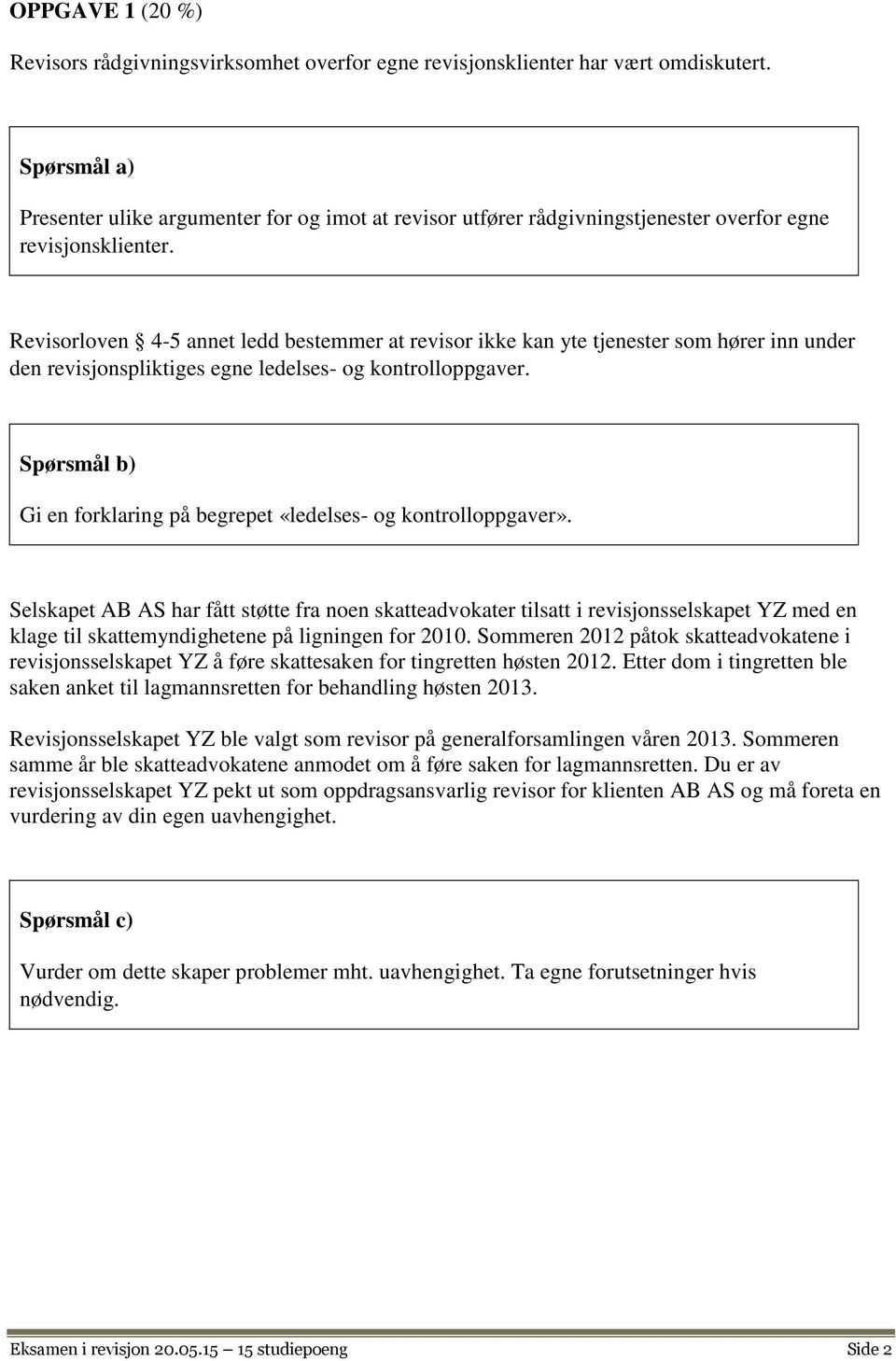 Revisorloven 4-5 annet ledd bestemmer at revisor ikke kan yte tjenester som hører inn under den revisjonspliktiges egne ledelses- og kontrolloppgaver.