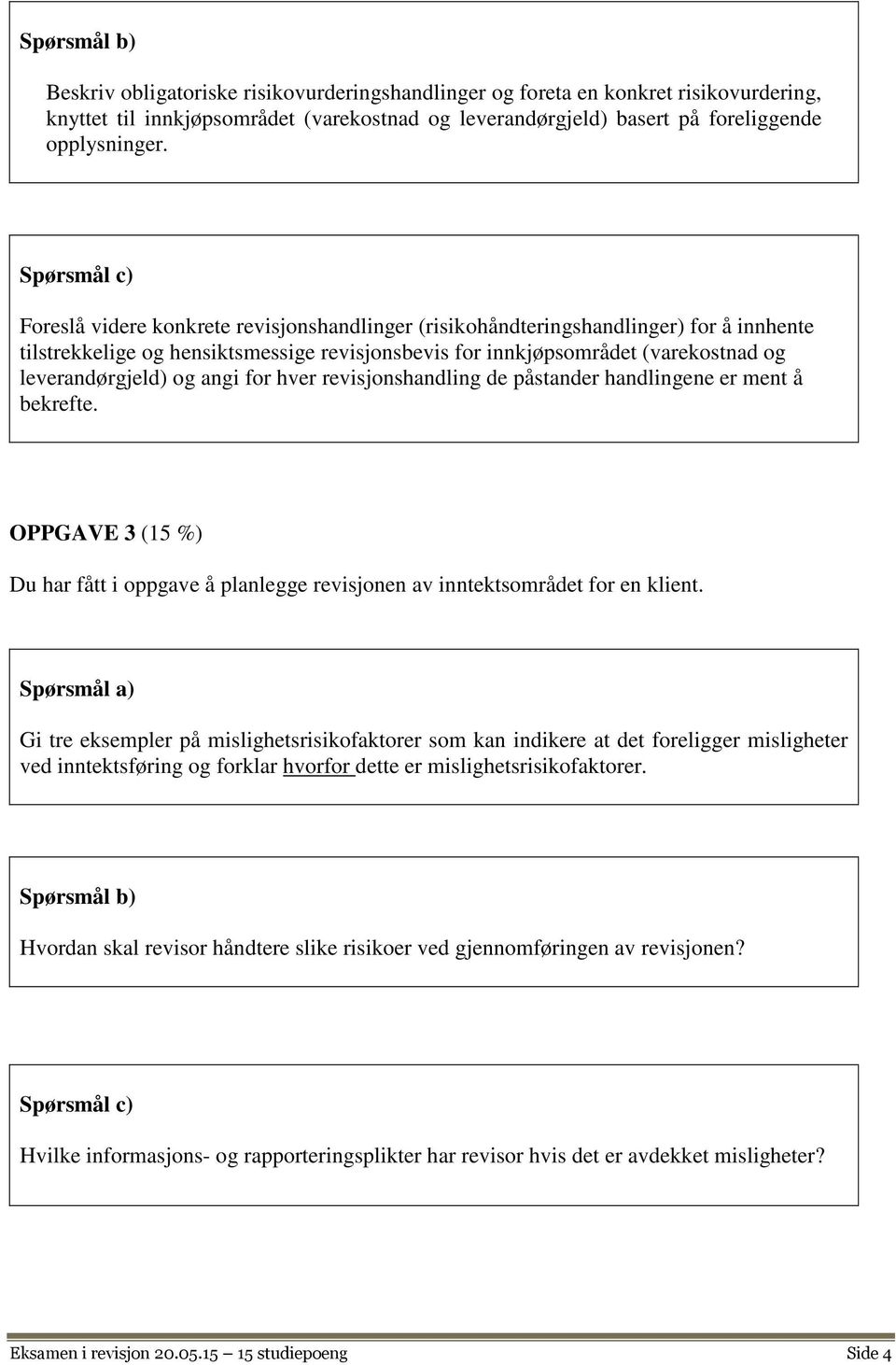 for hver revisjonshandling de påstander handlingene er ment å bekrefte. OPPGAVE 3 (15 %) Du har fått i oppgave å planlegge revisjonen av inntektsområdet for en klient.