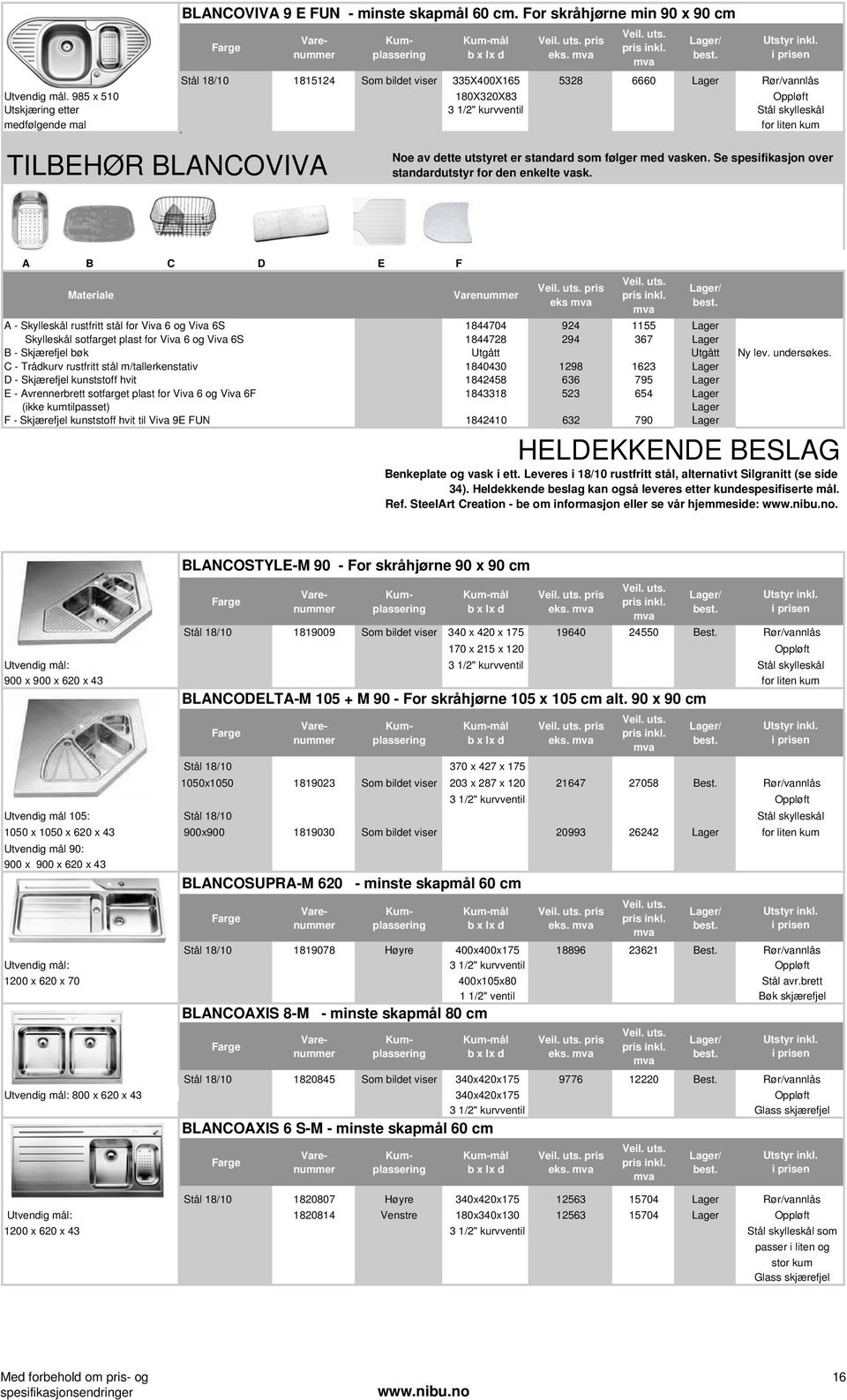 Se spesifikasjon over standardutstyr for den enkelte vask.