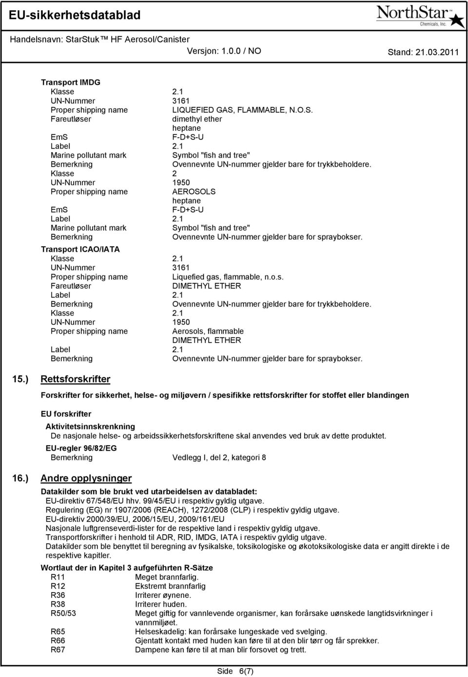 1 UN-Nummer 3161 Liquefied gas, flammable, n.o.s. Fareutløser DIMETHYL ETHER Ovennevnte UN-nummer gjelder bare for trykkbeholdere. Klasse 2.