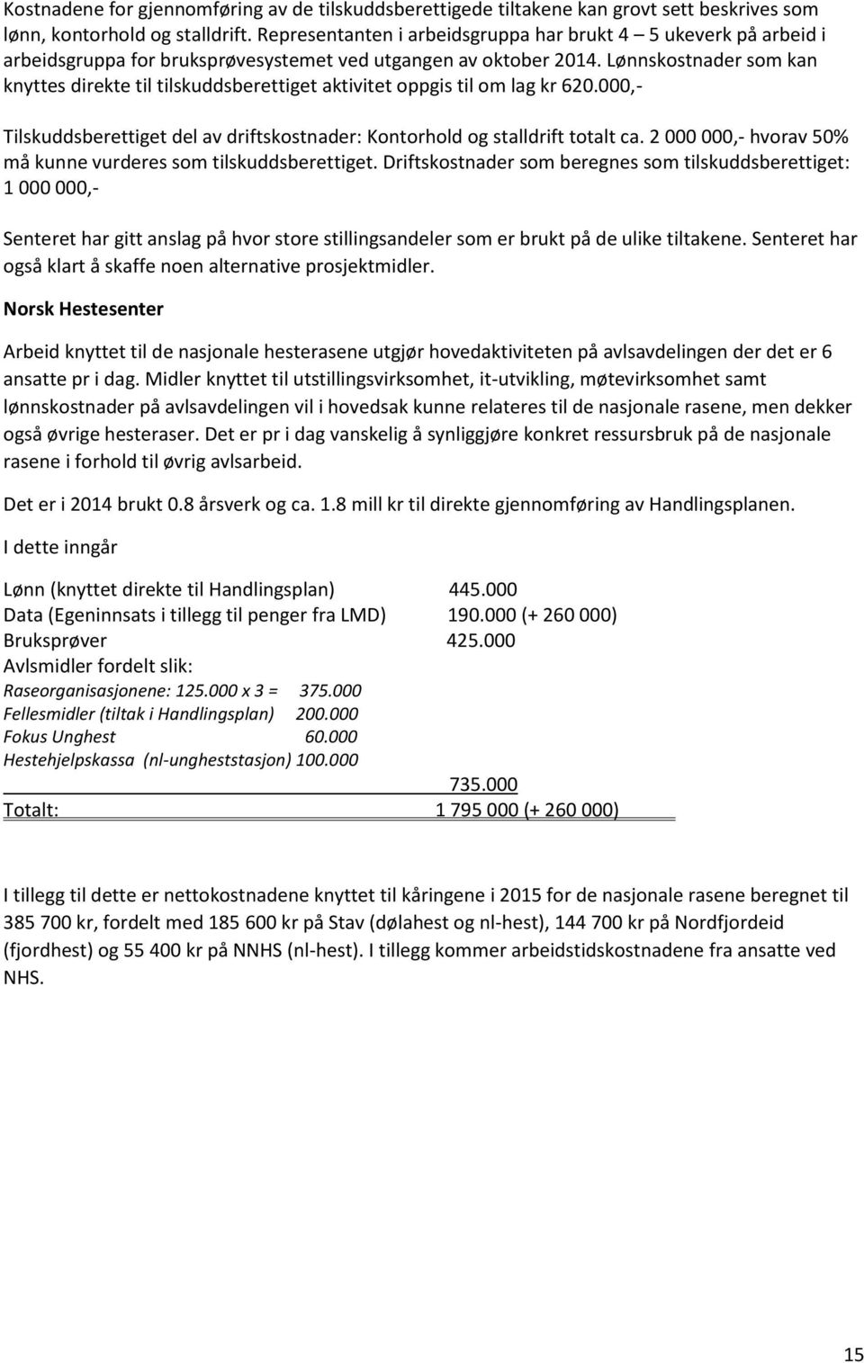 Lønnskostnader som kan knyttes direkte til tilskuddsberettiget aktivitet oppgis til om lag kr 620.000,- Tilskuddsberettiget del av driftskostnader: Kontorhold og stalldrift totalt ca.