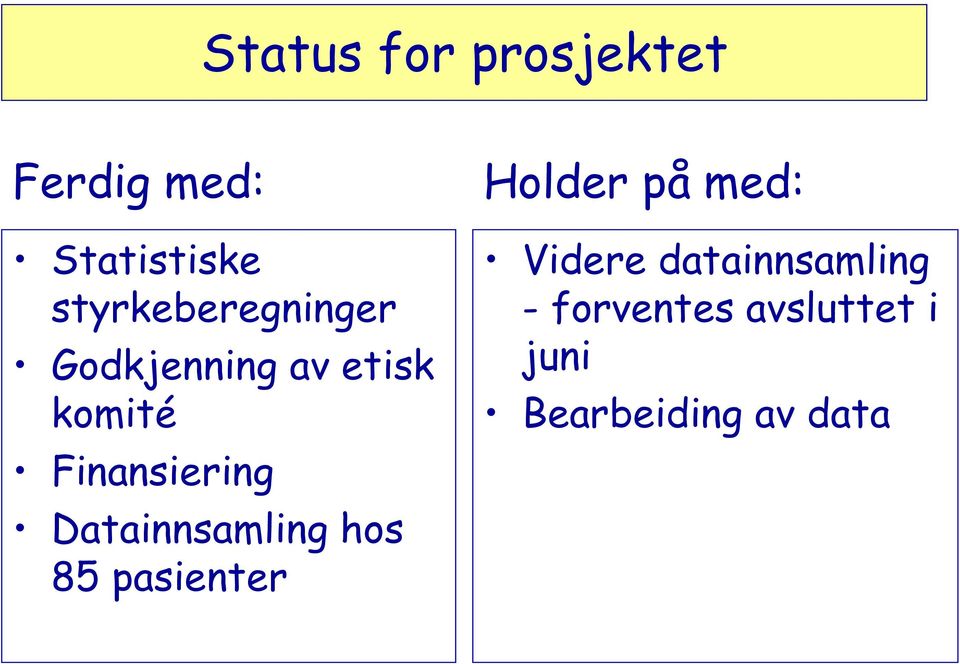 Finansiering Datainnsamling hos 85 pasienter Holder på