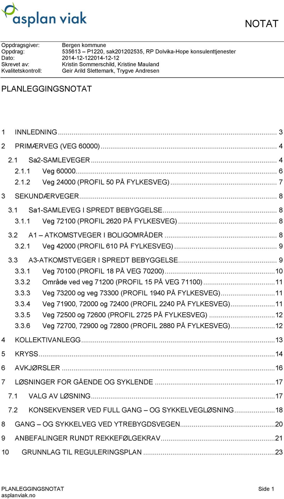 .. 7 3 SEKUNDÆRVEGER... 8 3.1 Sa1-SAMLEVEG I SPREDT BEBYGGELSE... 8 3.1.1 Veg 72100 (PROFIL 2620 PÅ FYLKESVEG)... 8 3.2 A1 ATKOMSTVEGER I BOLIGOMRÅDER... 8 3.2.1 Veg 42000 (PROFIL 610 PÅ FYLKESVEG).