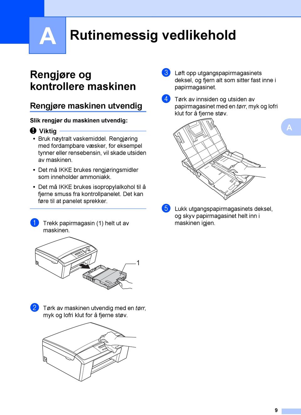 Det må IKKE brukes isopropylalkohol til å fjerne smuss fra kontrollpanelet. Det kan føre til at panelet sprekker. a Trekk papirmagasin (1) helt ut av maskinen.