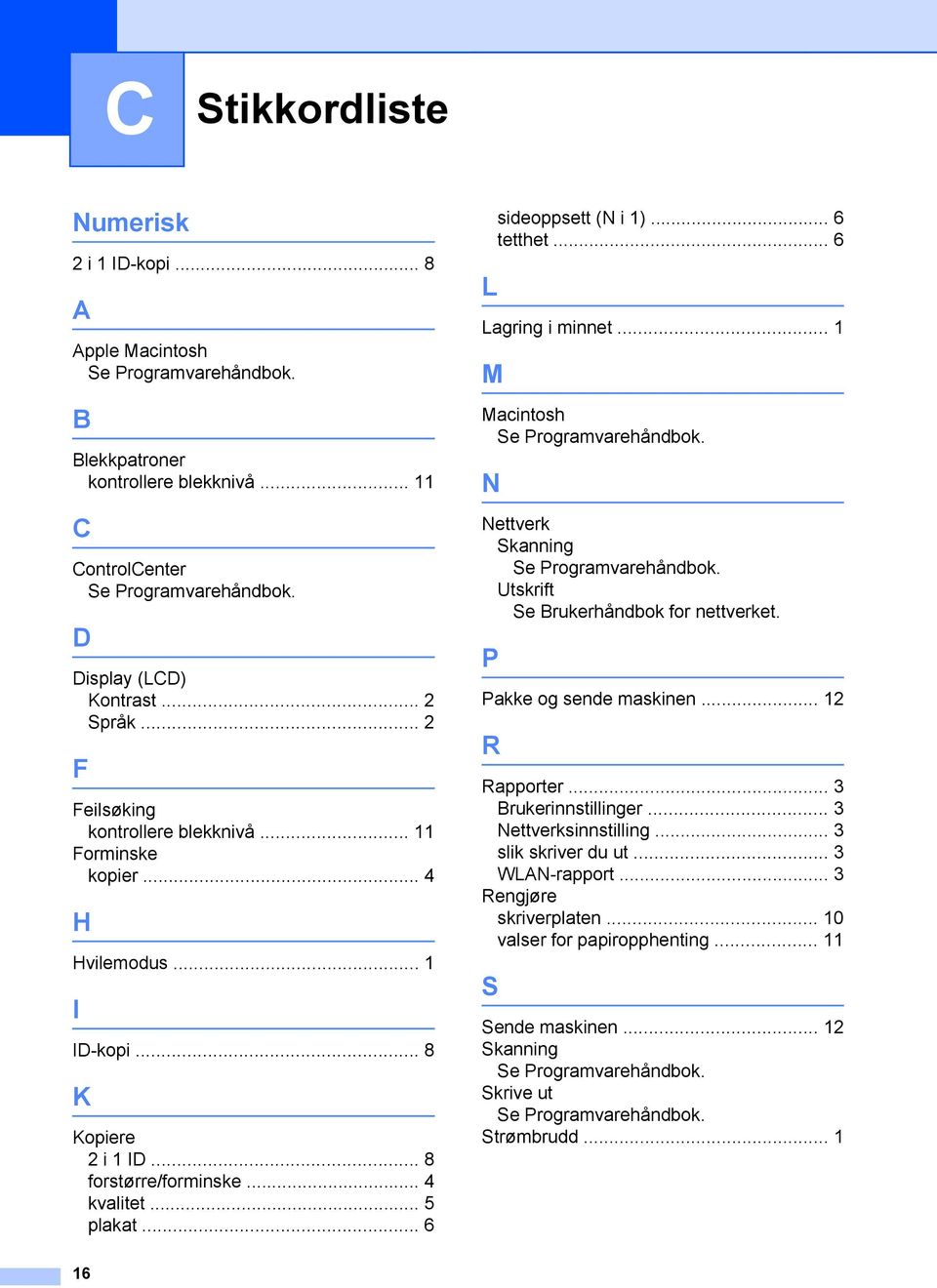 .. 6 L sideoppsett (N i 1)... 6 tetthet... 6 Lagring i minnet... 1 M Macintosh Se Programvarehåndbok. N Nettverk Skanning Se Programvarehåndbok. Utskrift Se Brukerhåndbok for nettverket.