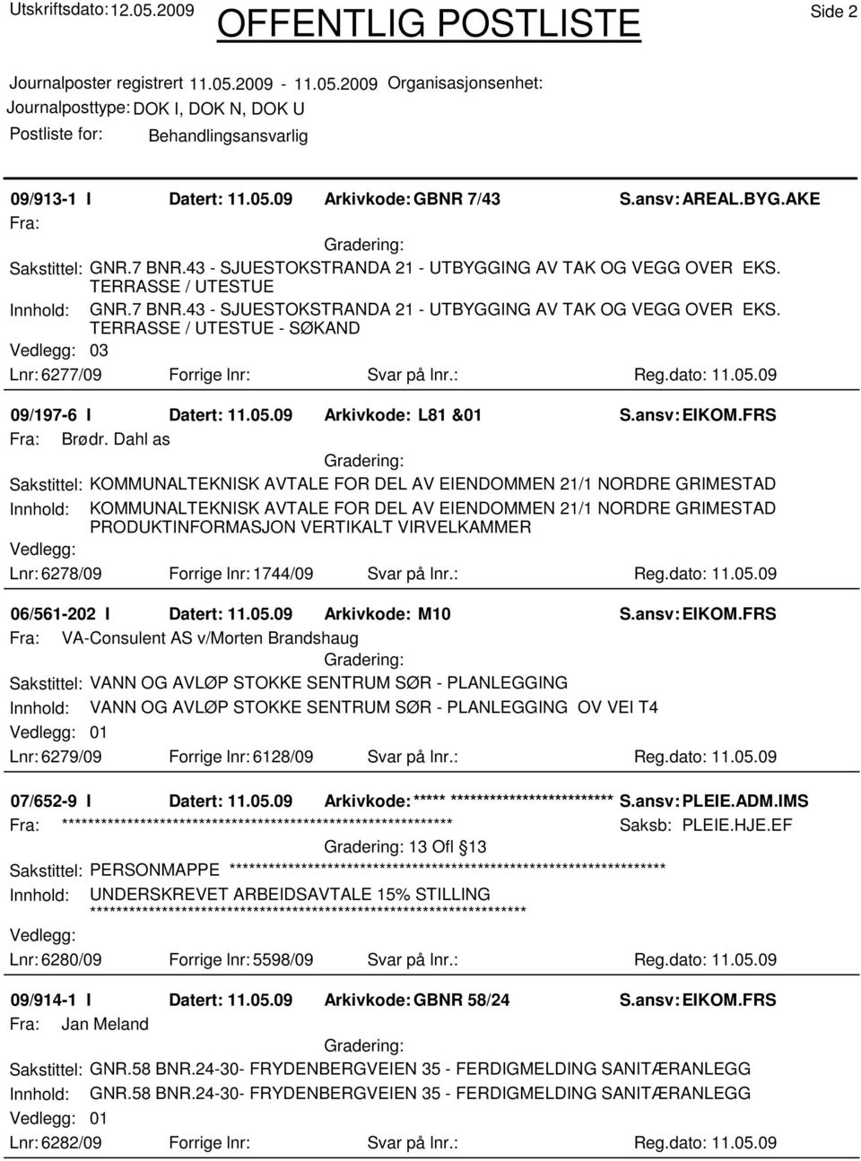 09 09/197-6 I Datert: 11.05.09 Arkivkode: L81 &01 Fra: Brødr.