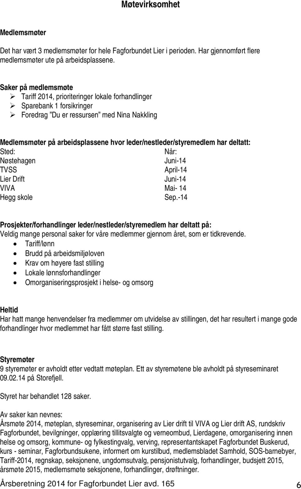 leder/nestleder/styremedlem har deltatt: Sted: Når: Nøstehagen Juni-14 TVSS April-14 Lier Drift Juni-14 VIVA Mai- 14 Hegg skole Sep.