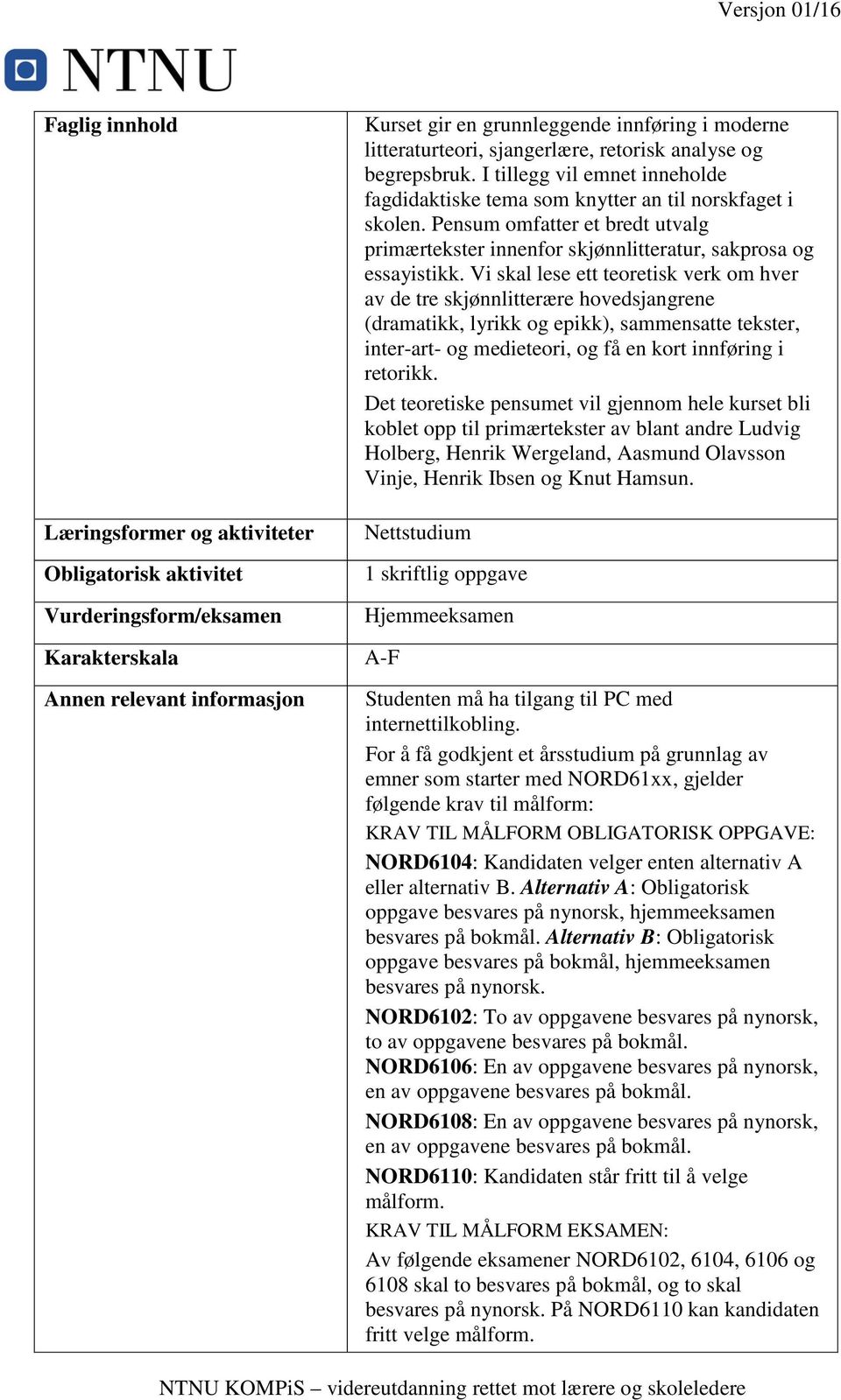 Pensum omfatter et bredt utvalg primærtekster innenfor skjønnlitteratur, sakprosa og essayistikk.