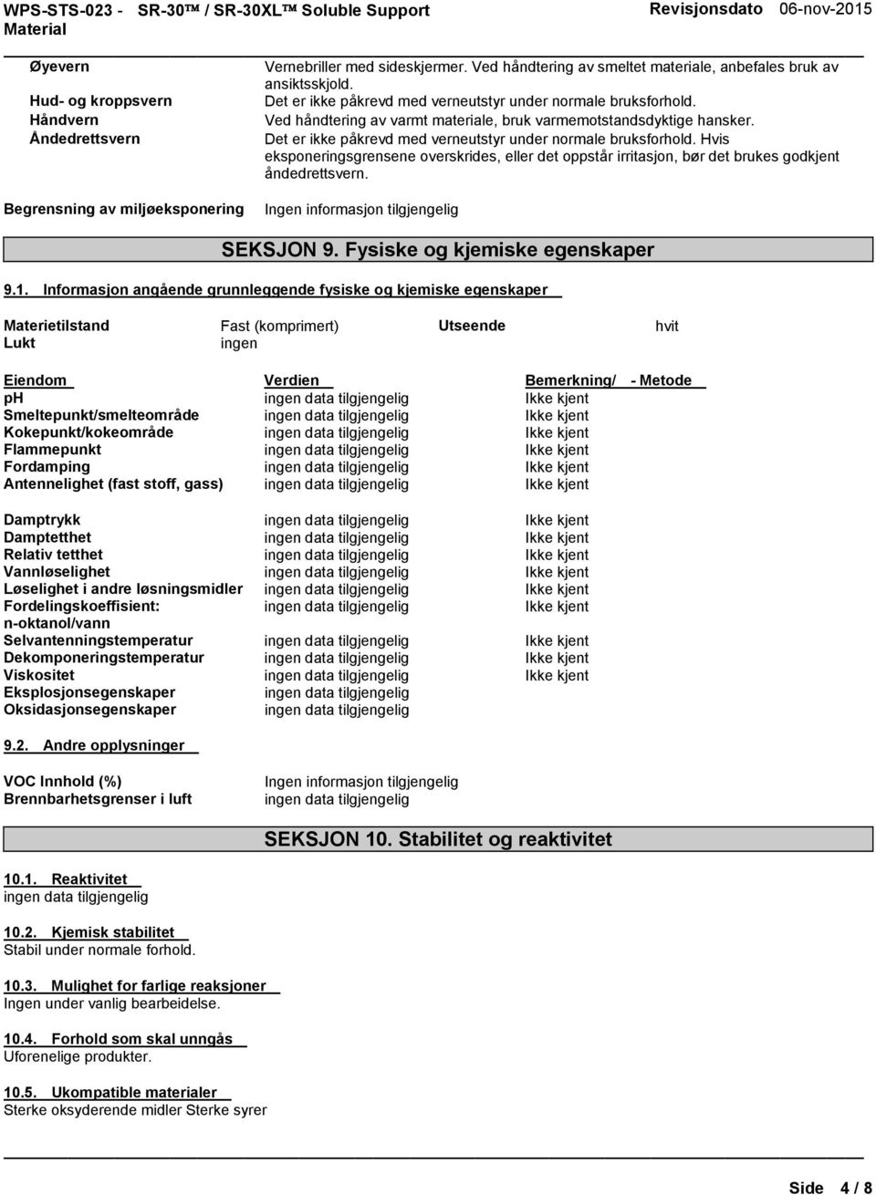 Hvis eksponeringsgrensene overskrides, eller det oppstår irritasjon, bør det brukes godkjent åndedrettsvern. Begrensning av miljøeksponering SEKSJON 9. Fysiske og kjemiske egenskaper 9.1.