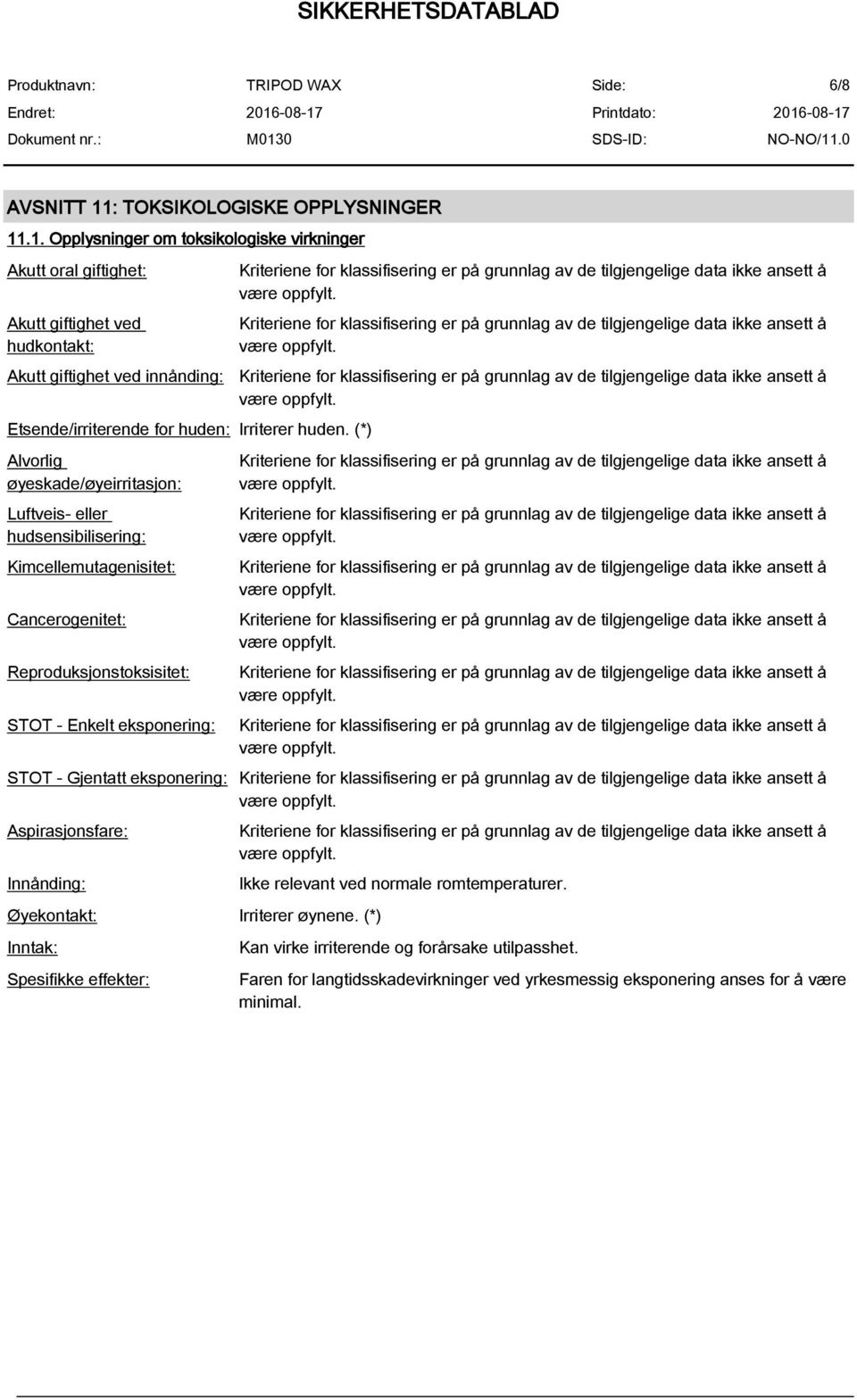 .1. Opplysninger om toksikologiske virkninger Akutt oral giftighet: Akutt giftighet ved hudkontakt: Akutt giftighet ved innånding: Etsende/irriterende for huden: Irriterer