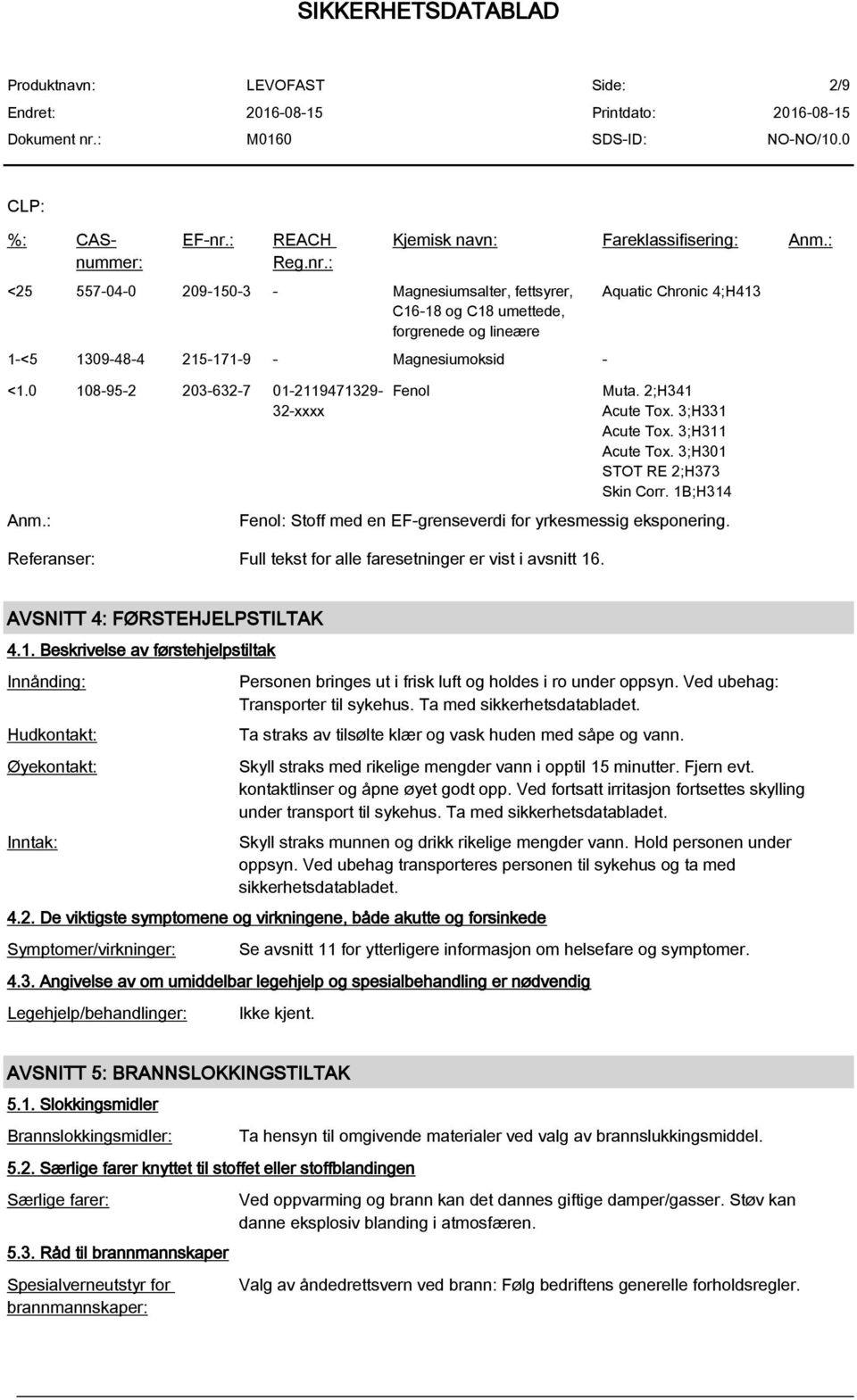 3;H301 STOT RE 2;H373 Skin Corr. 1B;H314 Fenol: Stoff med en EF-grenseverdi for yrkesmessig eksponering. Referanser: Full tekst for alle faresetninger er vist i avsnitt 16.