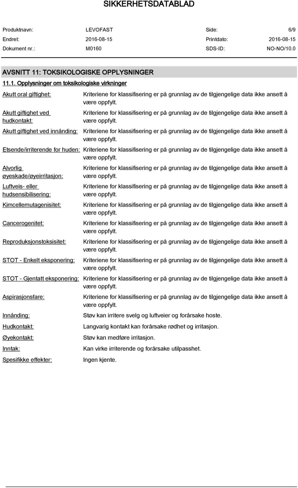 .1. Opplysninger om toksikologiske virkninger Akutt oral giftighet: Akutt giftighet ved hudkontakt: Akutt giftighet ved innånding: Etsende/irriterende for huden: