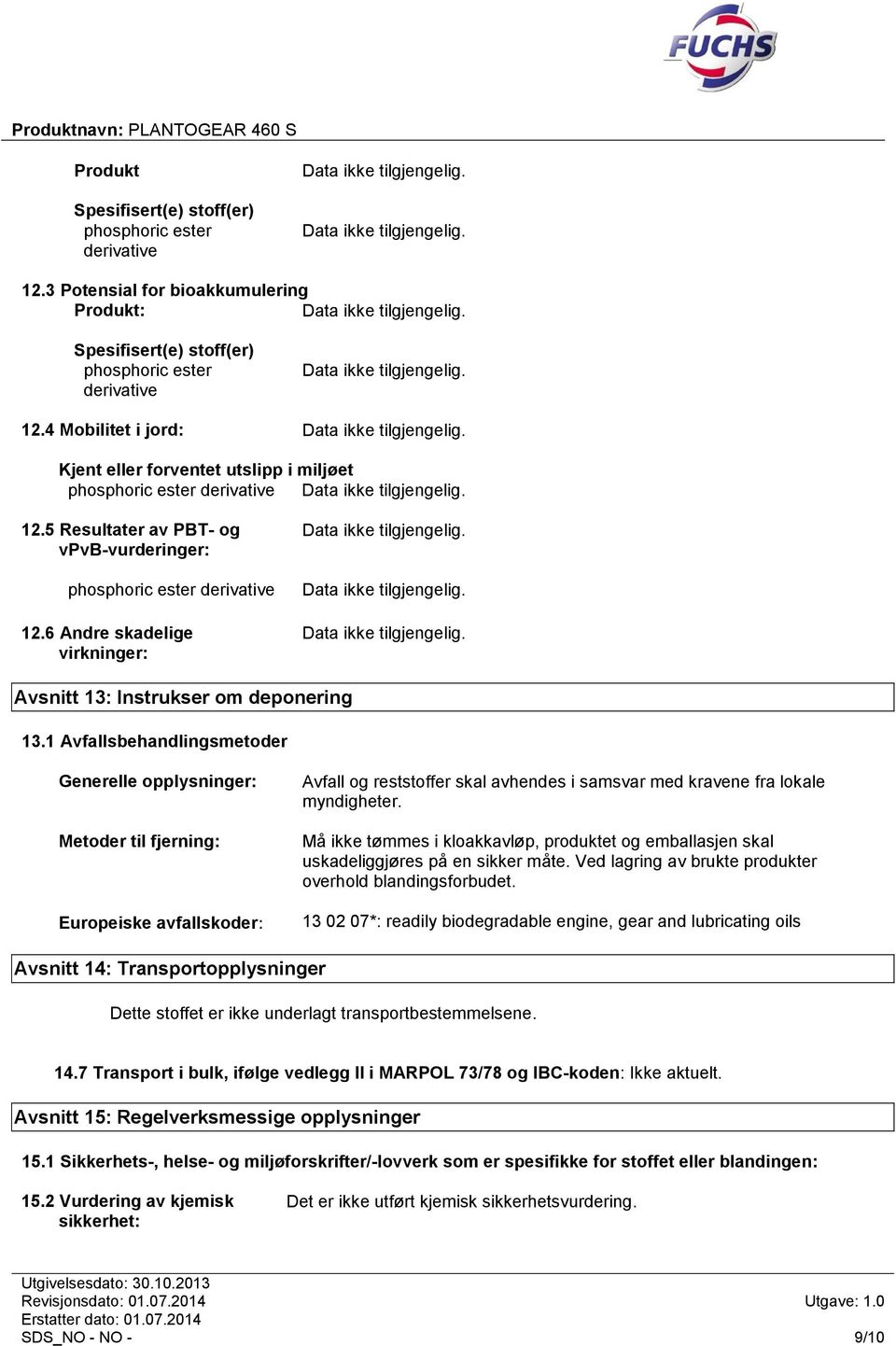 1 Avfallsbehandlingsmetoder Generelle opplysninger: Metoder til fjerning: Europeiske avfallskoder: Avfall og reststoffer skal avhendes i samsvar med kravene fra lokale myndigheter.