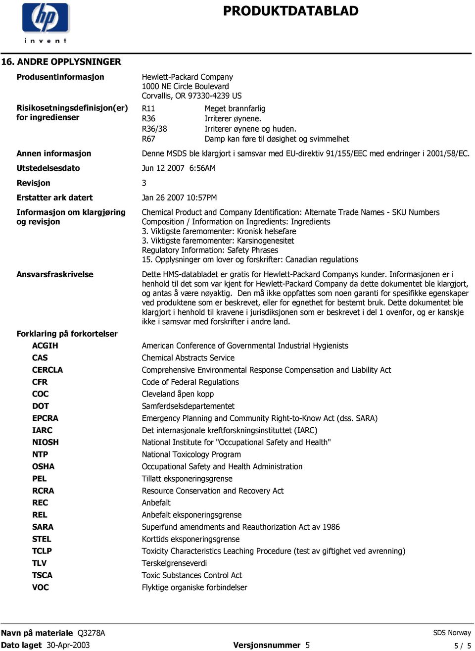 Corvallis, OR 97330-4239 US R11 Meget brannfarlig R36 Irriterer øynene R36/38 Irriterer øynene og huden R67 Damp kan føre til døsighet og svimmelhet Denne MSDS ble klargjort i samsvar med EU-direktiv