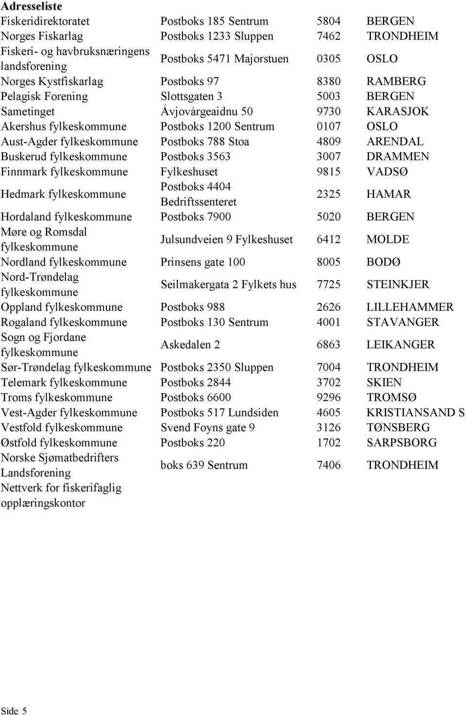 Stoa 4809 ARENDAL Buskerud Postboks 3563 3007 DRAMMEN Finnmark Fylkeshuset 9815 VADSØ Hedmark Postboks 4404 Bedriftssenteret 2325 HAMAR Hordaland Postboks 7900 5020 BERGEN Møre og Romsdal