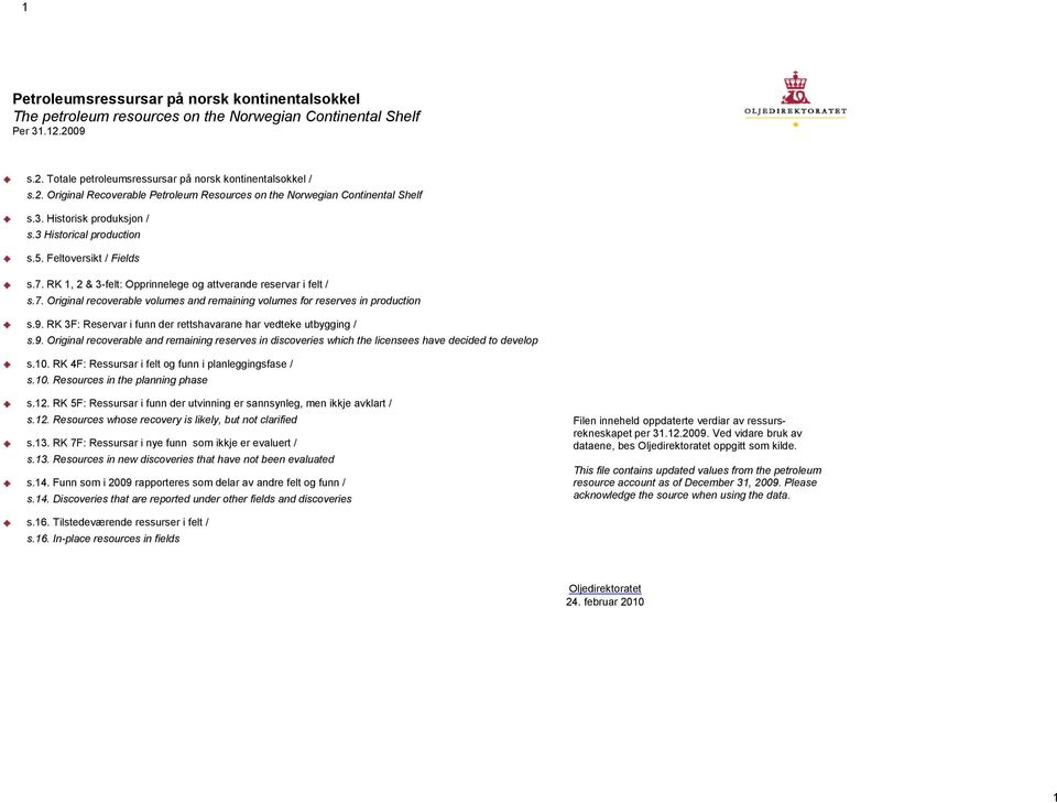 9. RK 3F: Reservar i funn der rettshavarane har vedteke utbygging / s.9. Original recoverable and remaining reserves in discoveries which the licensees have decided to develop s.10.