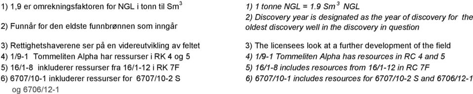 3) Rettighetshaverene ser på en videreutvikling av feltet 3) The licensees look at a further development of the field 4) 1/9-1 Tommeliten Alpha har ressurser i RK 4 og 5 4)