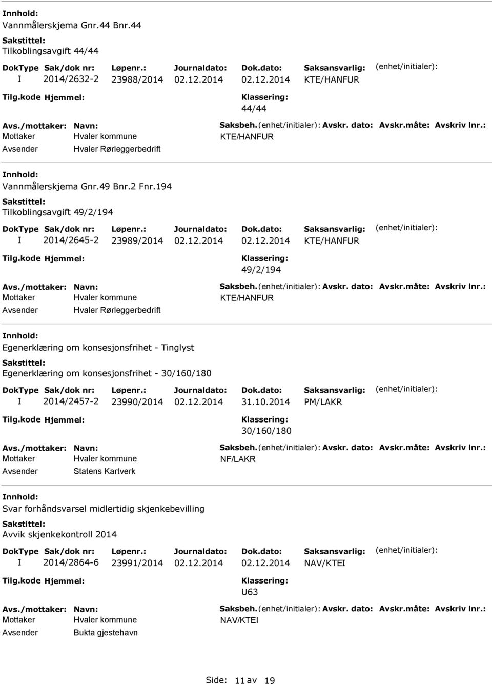 måte: Avskriv lnr.: KTE/HANFR Hvaler Rørleggerbedrift Egenerklæring om konsesjonsfrihet - 30/160/180 2014/2457-2 23990/2014 31.10.2014 PM/LAKR 30/160/180 Avs./mottaker: Navn: Saksbeh. Avskr. dato: Avskr.