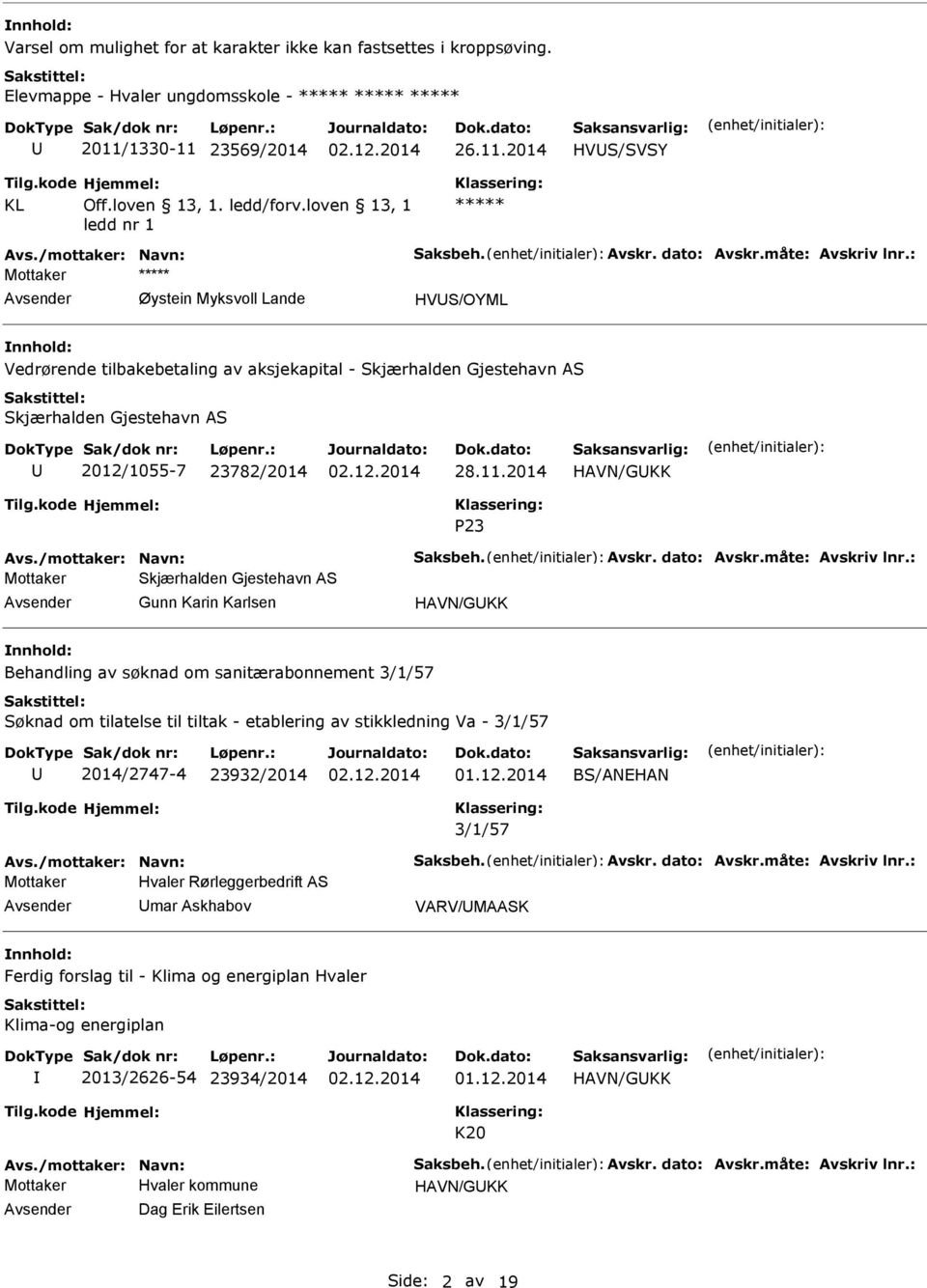 2014 HAVN/GKK P23 Avs./mottaker: Navn: Saksbeh. Avskr. dato: Avskr.måte: Avskriv lnr.