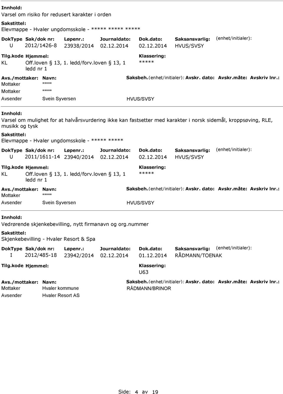 ungdomsskole - 2011/1611-14 23940/2014 HVS/SVSY Avs./mottaker: Navn: Saksbeh. Avskr. dato: Avskr.måte: Avskriv lnr.