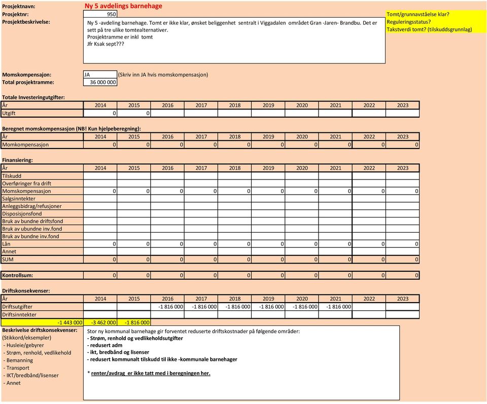 ?? Momskompensajon: JA (Skriv inn JA hvis momskompensasjon) Total prosjektramme: 36 000 000 Totale Investeringutgifter: Utgift 0 0 Momkompensasjon 0 0 0 0 0 0 0 0 0 0 Momskompensasjon 0 0 0 0 0 0 0 0