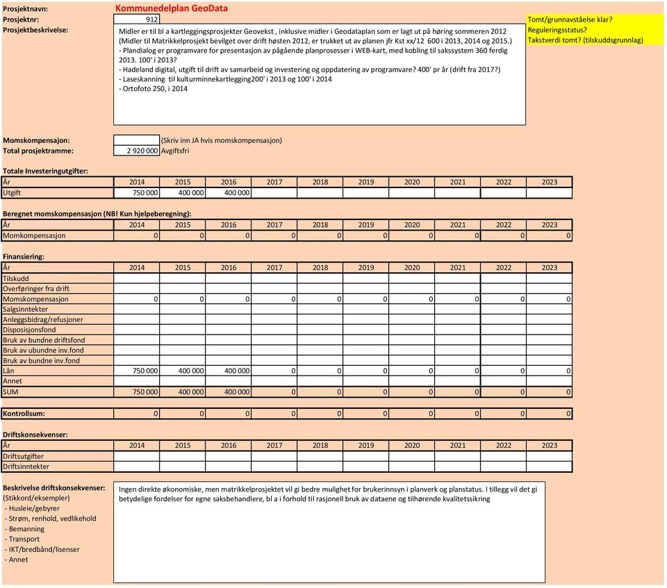 av planen jfr Kst xx/12 600 i 2013, 2014 og 2015.) Reguleringsstatus? Takstverdi tomt?