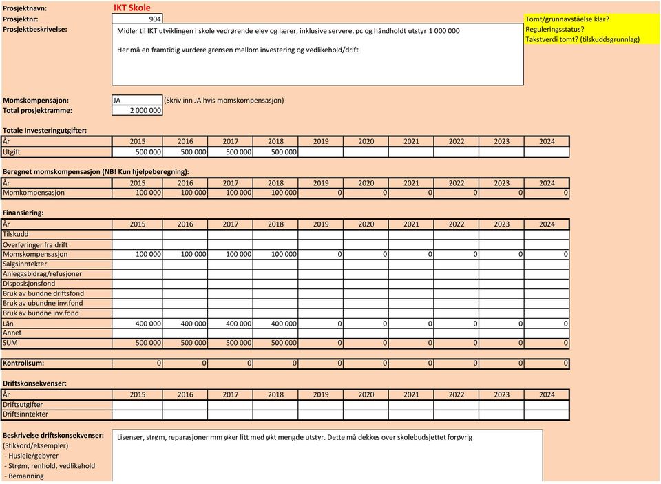 (tilskuddsgrunnlag) Her må en framtidig vurdere grensen mellom investering og vedlikehold/drift Momskompensajon: JA (Skriv inn JA hvis momskompensasjon) Total prosjektramme: 2 000 000 Totale