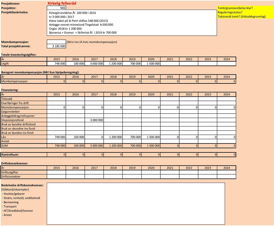 700 000 Momskompensajon: (Skriv inn JA hvis momskompensasjon) Total prosjektramme: 3 185 000 Totale Utgift 748 000 100 000 3 000 000 1 200 000 700 000 1 500 000 Momkompensasjon 0 0