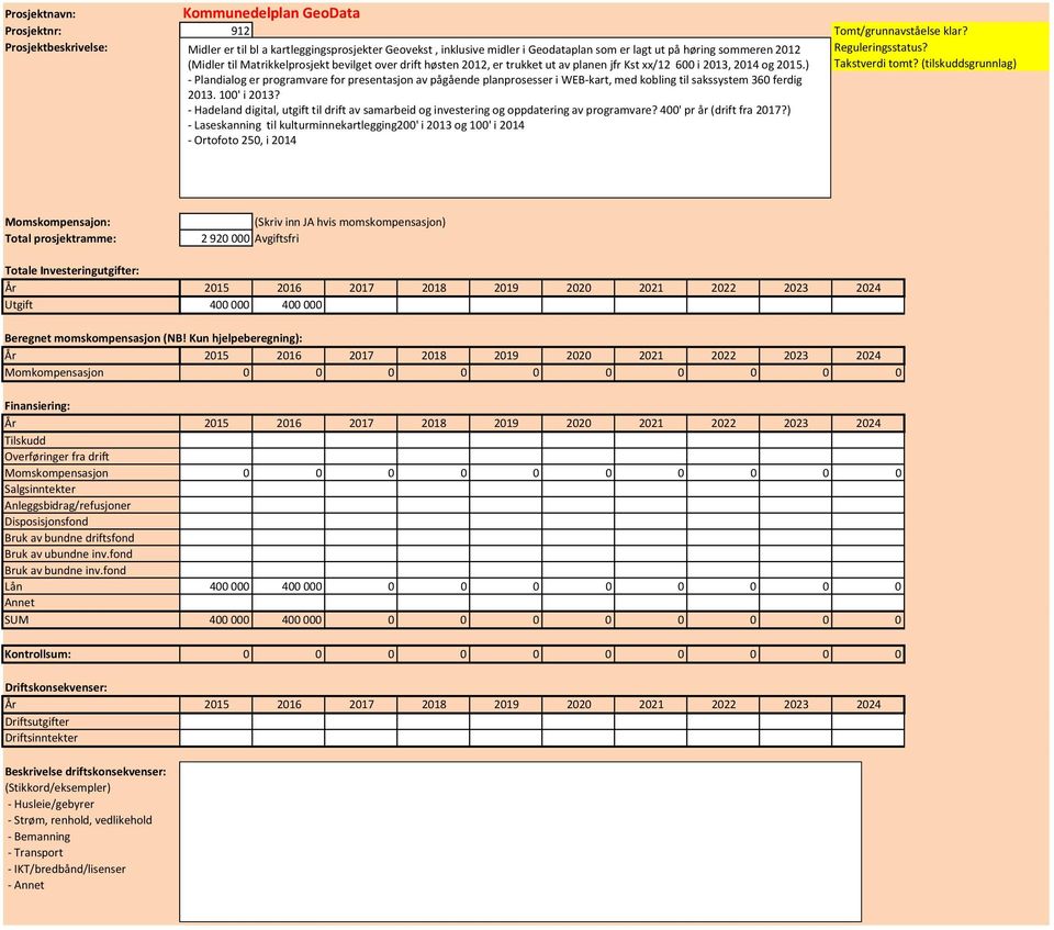 av planen jfr Kst xx/12 600 i 2013, 2014 og 2015.) Reguleringsstatus? Takstverdi tomt?