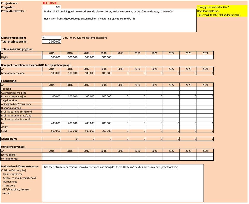 (tilskuddsgrunnlag) Her må en framtidig vurdere grensen mellom investering og vedlikehold/drift Momskompensajon: JA (Skriv inn JA hvis momskompensasjon) Total prosjektramme: 2 000 000 Totale