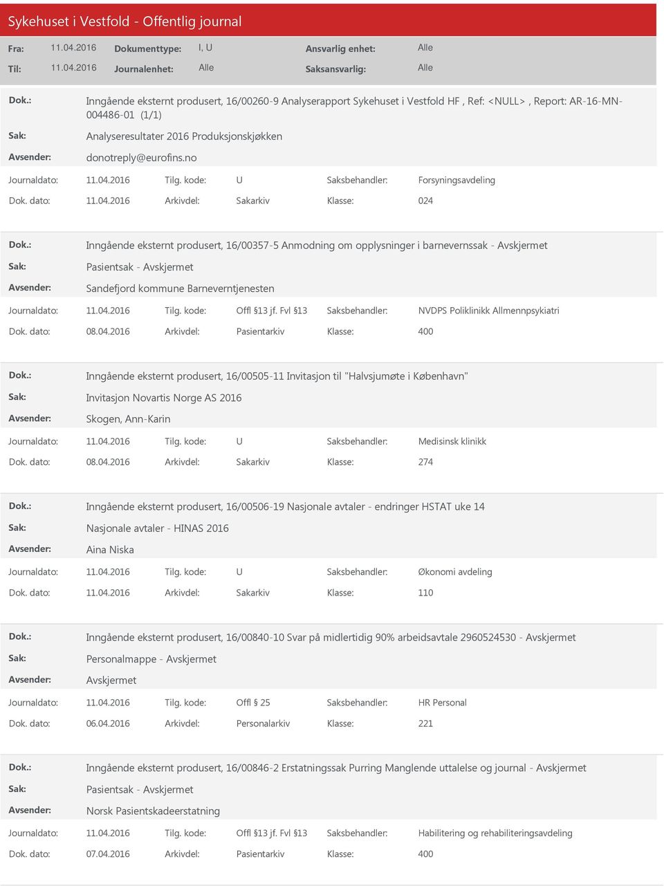 dato: Arkivdel: Sakarkiv 024 Inngående eksternt produsert, 16/00357-5 Anmodning om opplysninger i barnevernssak - Pasientsak - Sandefjord kommune Barneverntjenesten NVDPS Poliklinikk Allmennpsykiatri