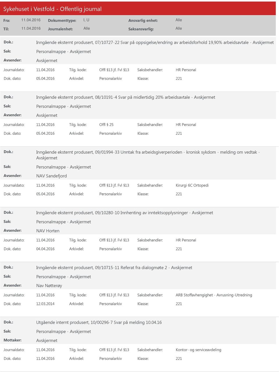 2016 Arkivdel: Personalarkiv Inngående eksternt produsert, 09/01994-33 nntak fra arbeidsgiverperioden - kronisk sykdom - melding om vedtak - Personalmappe - NAV Sandefjord Kirurgi 6C Ortopedi Dok.